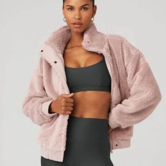 ALO Yoga Sherpa Varsity Jacket - Dusty Pink - Size Medium - Picture 1 of 8